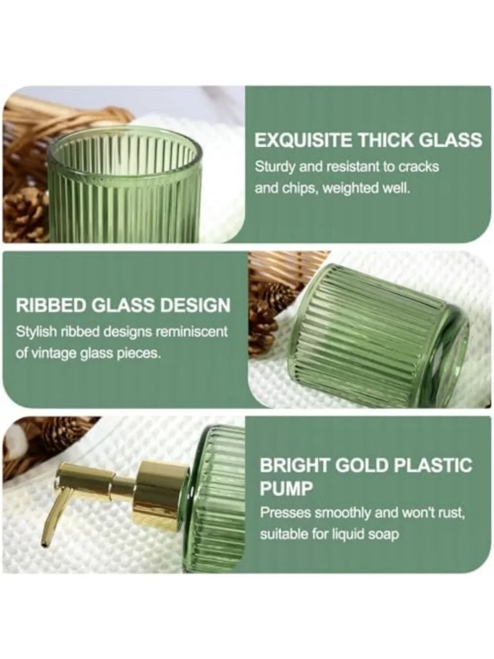 Vintage Green Bathroom Accessory Set - 5 Pcs Glass Decor, Soap Dispenser & More